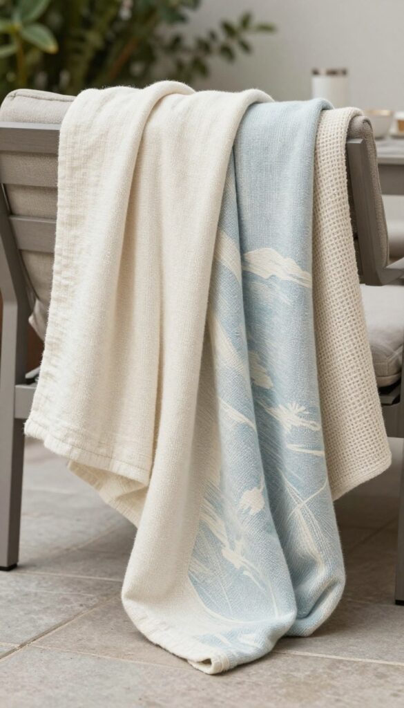 Light cotton and linen throw blankets draped over coastal patio furniture