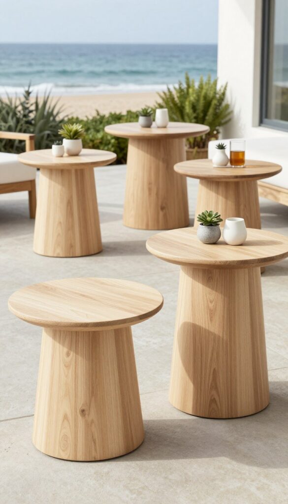 Light wood round side tables on a coastal patio