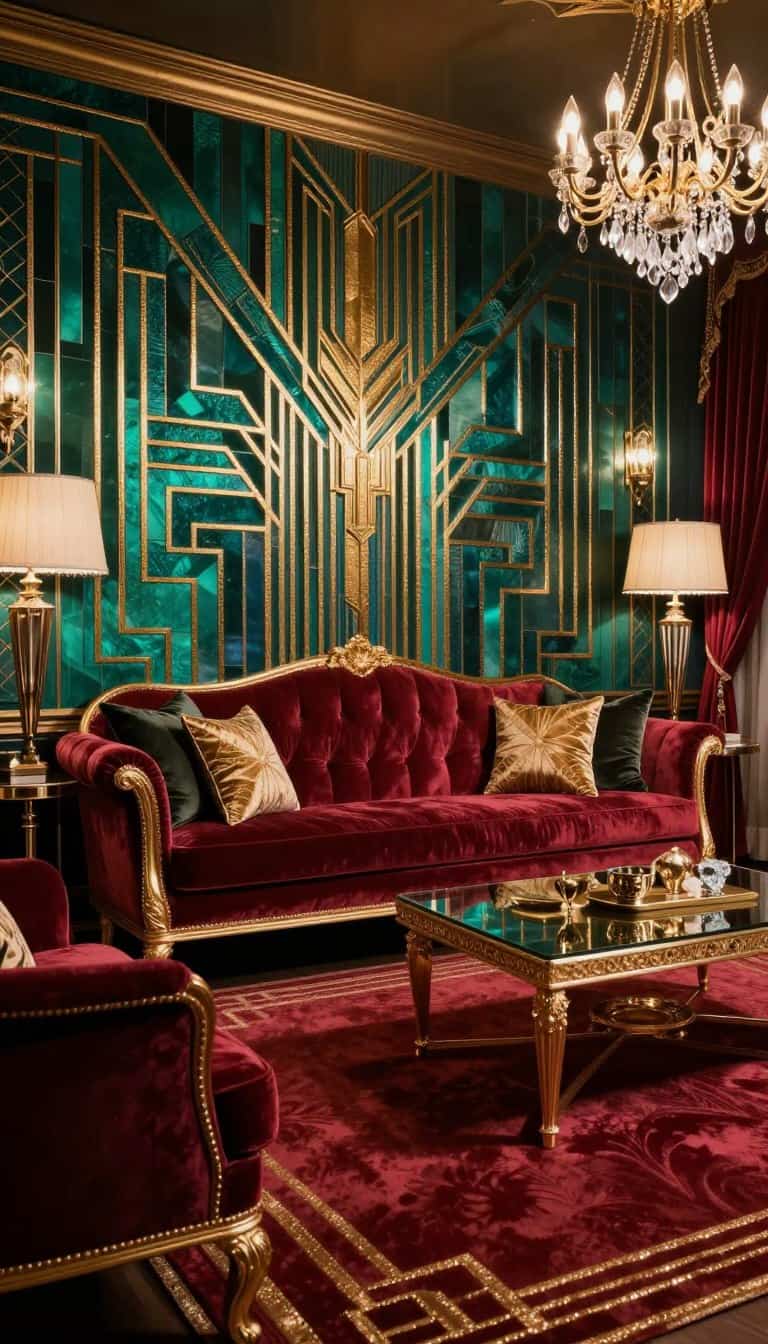 Luxurious 1920s Art Deco living room with geometric patterns, gold accents, and velvet furniture