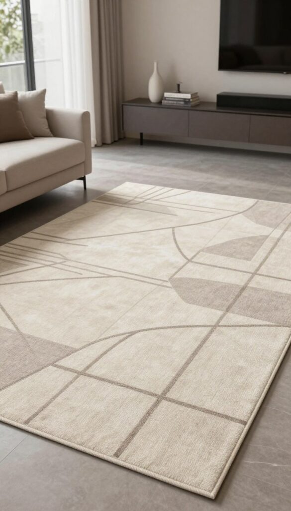 Modern Art Deco rug with abstract ivory lines in a spacious living room with neutral furniture