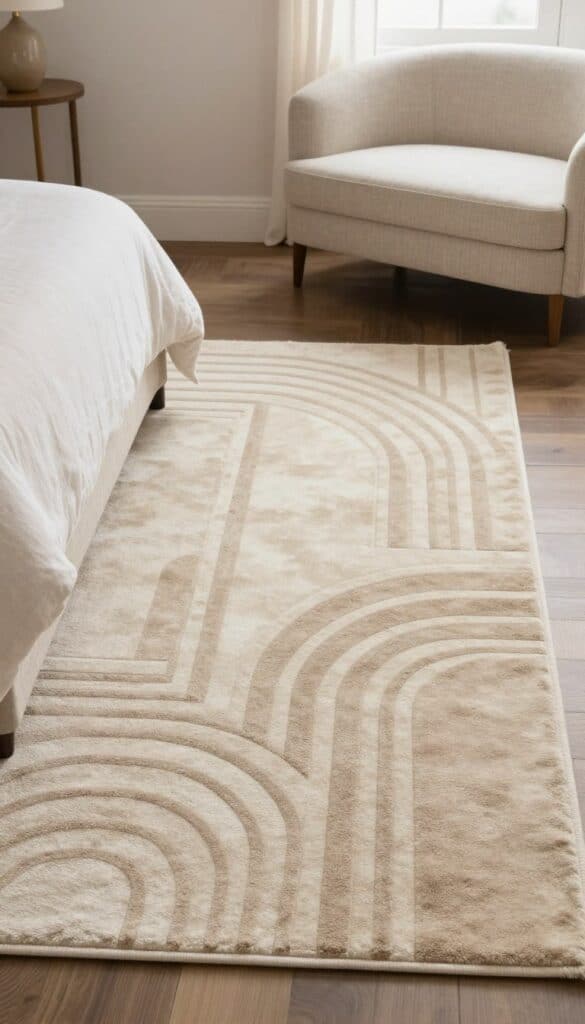 Modern Art Deco rug with soft neutral tones and elegant arch patterns in a serene bedroom setting