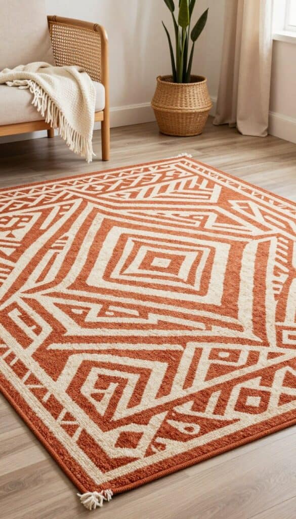 Modern Art Deco rug with warm terracotta and cream geometric patterns in a boho-modern interior
