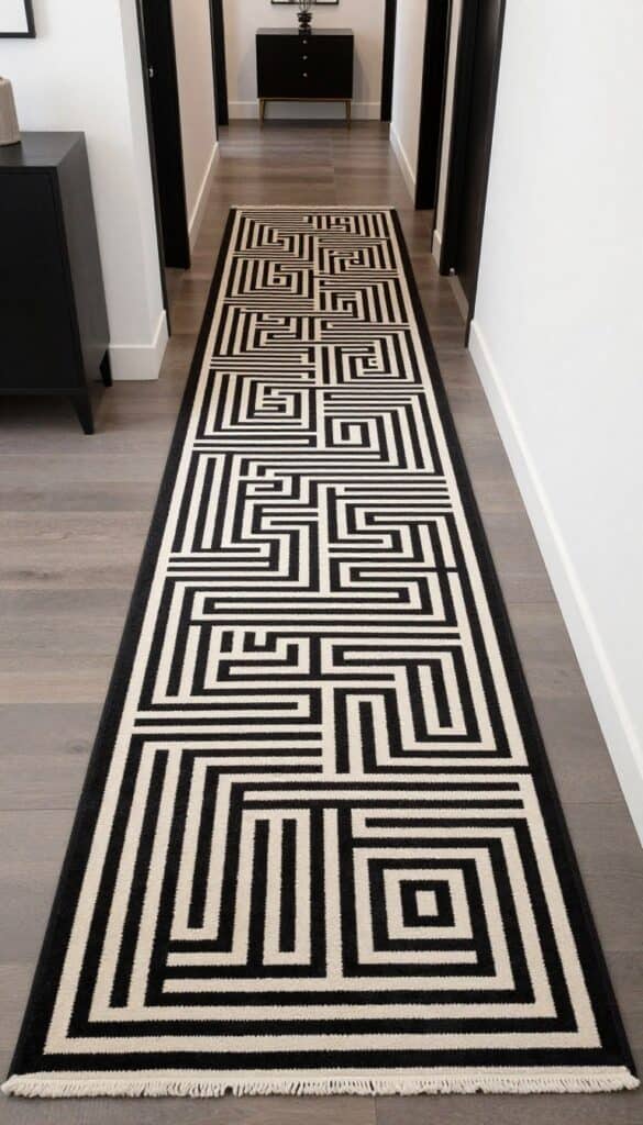 Modern Art Deco runner rug with monochrome maze pattern in a stylish hallway