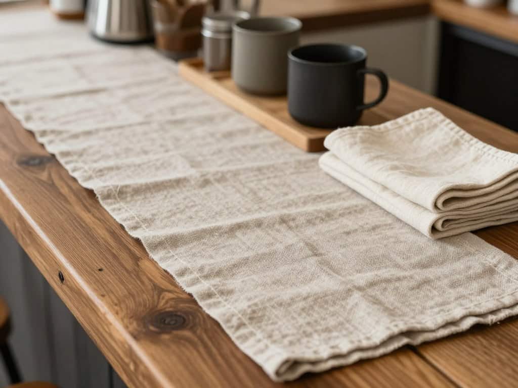 Natural linen and cotton textiles adding softness to a rustic coffee bar