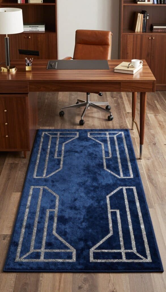 Navy blue Modern Art Deco rug with metallic accents in a sophisticated home office