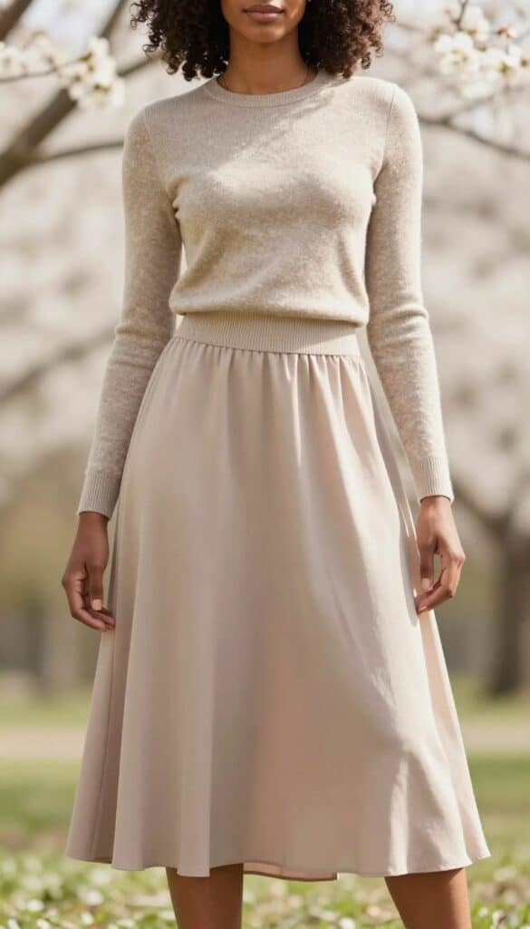 Neutral Knit Top + Midi Skirt look on a Black woman Neutral Knit Top + Midi Skirt look on a Black woman