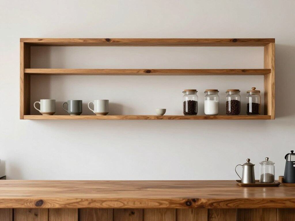 Open wooden shelves above a rustic coffee bar with carefully curated mugs and accessories