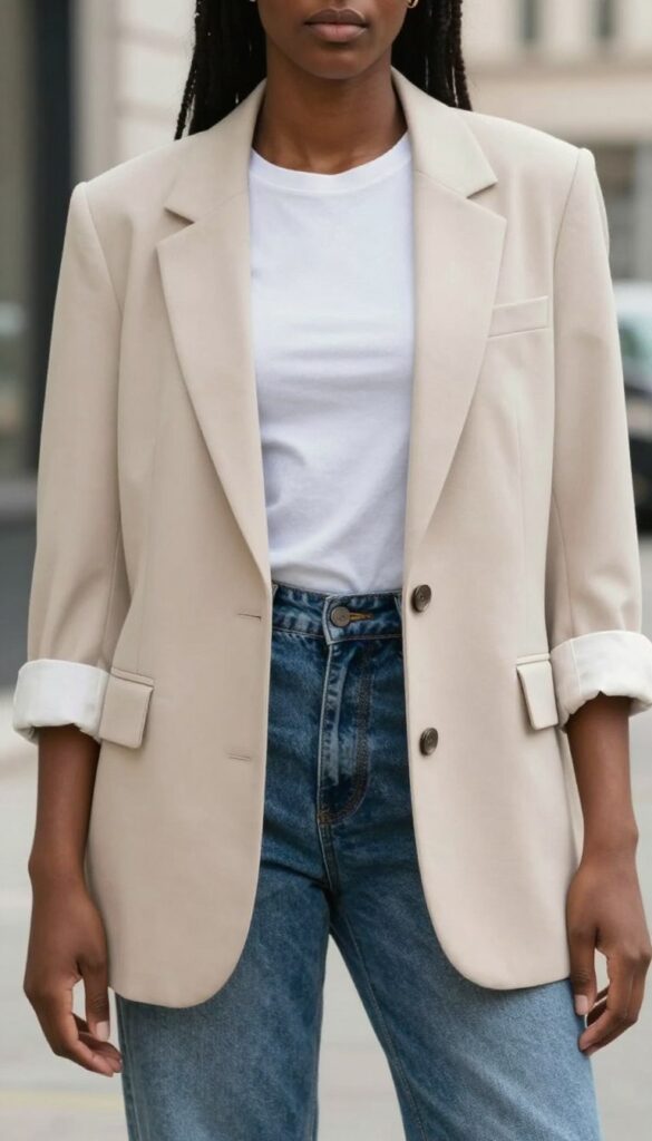 Oversized Blazer + Simple Tee look on a Black woman Oversized Blazer + Simple Tee look on a Black woman