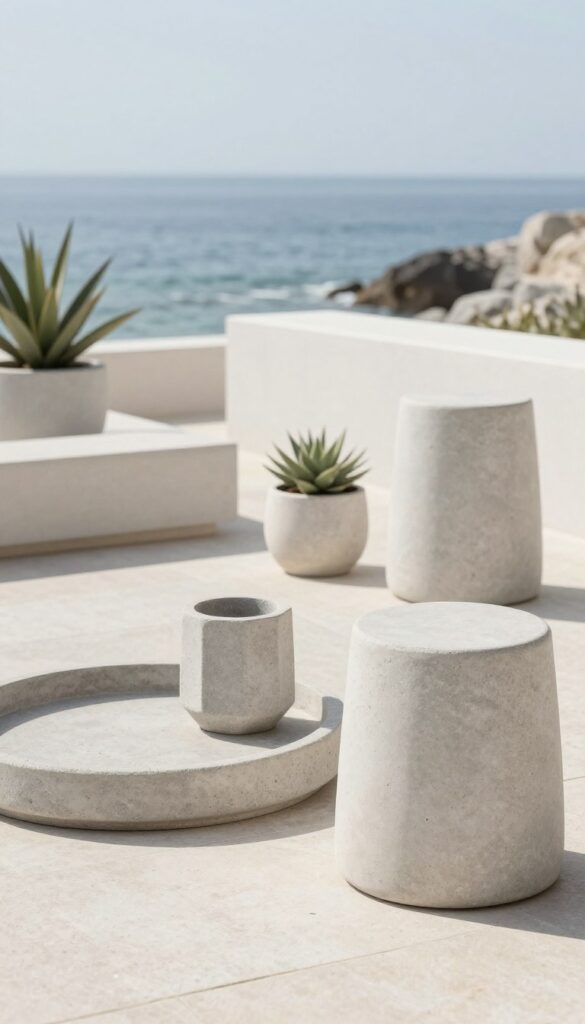 Pale stone and concrete accessories on a coastal patio