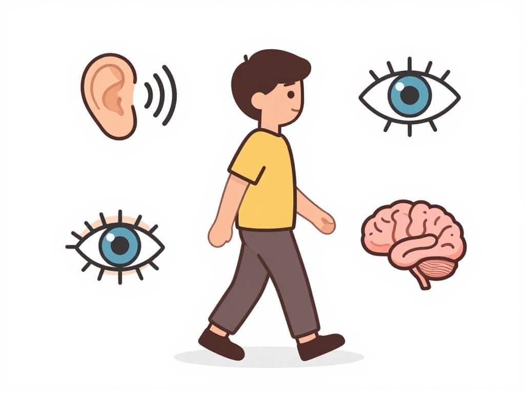 Person engaging senses during walking meditation