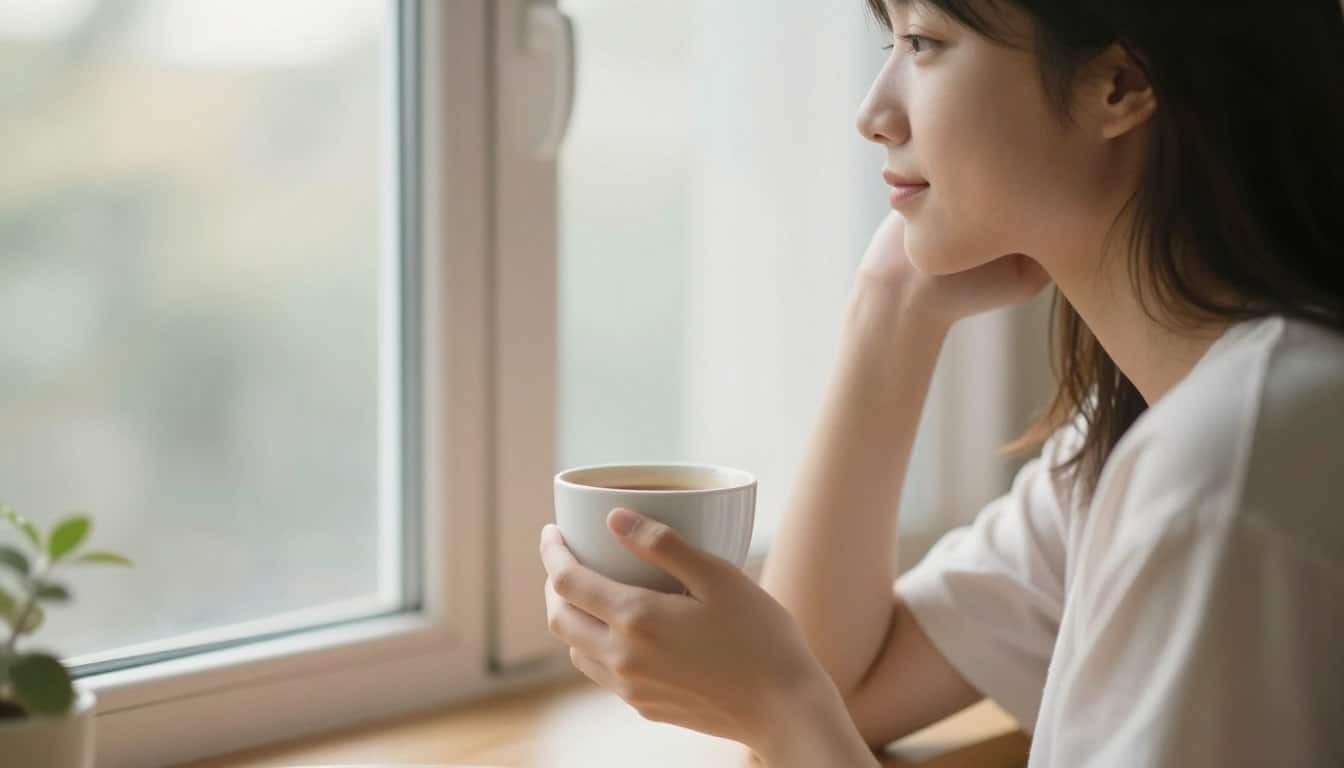 Person enjoying a peaceful morning moment with coffee by a window