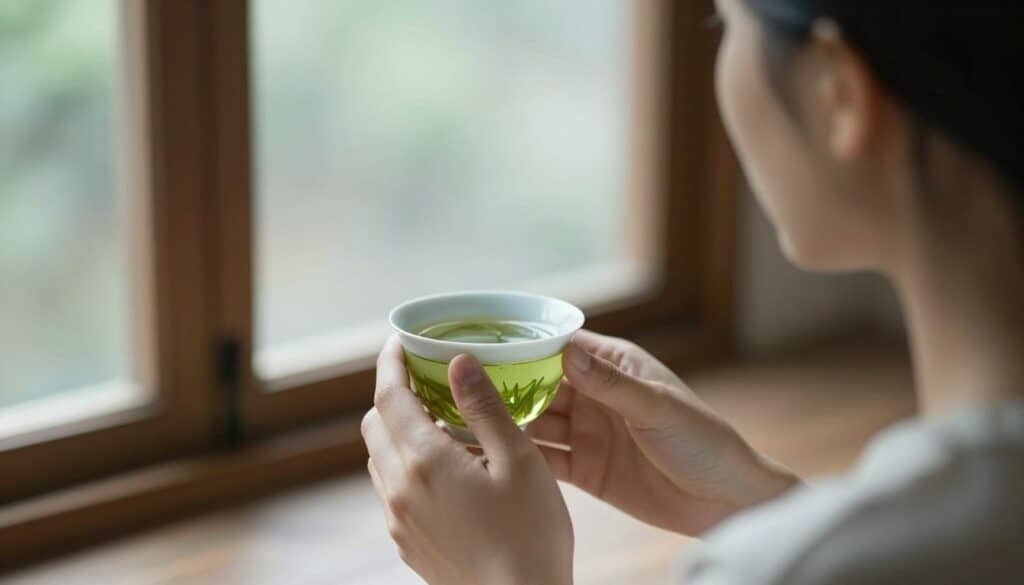 Person holding a cup of green tea looking out a window