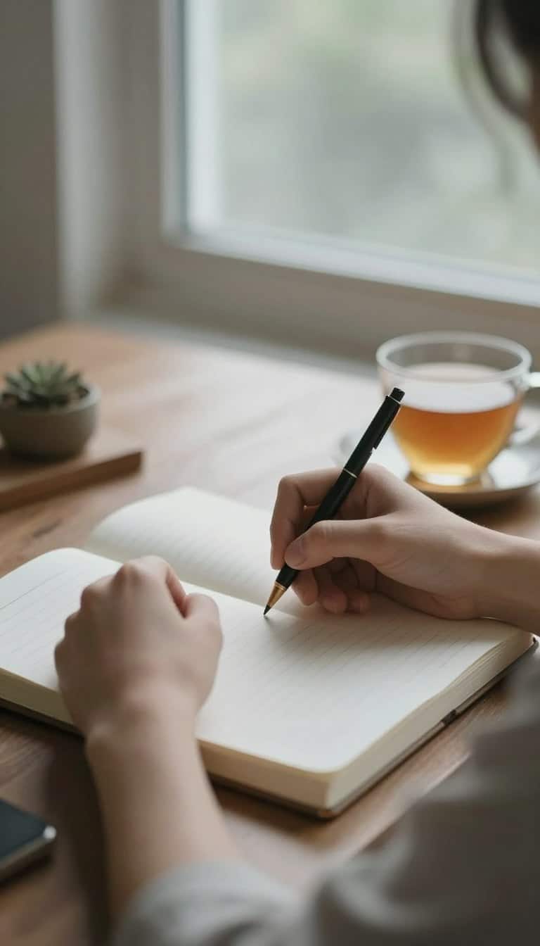Person journaling in a calm, peaceful setting with soft natural light for anxiety relief