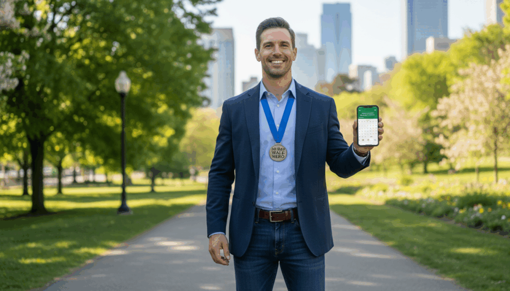 Person looking energized and confident after completing 30-day walking exercise challenge
