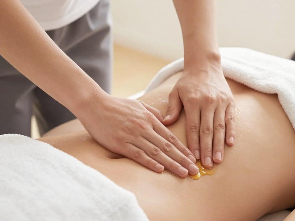 Person performing clockwise abdominal massage with castor oil