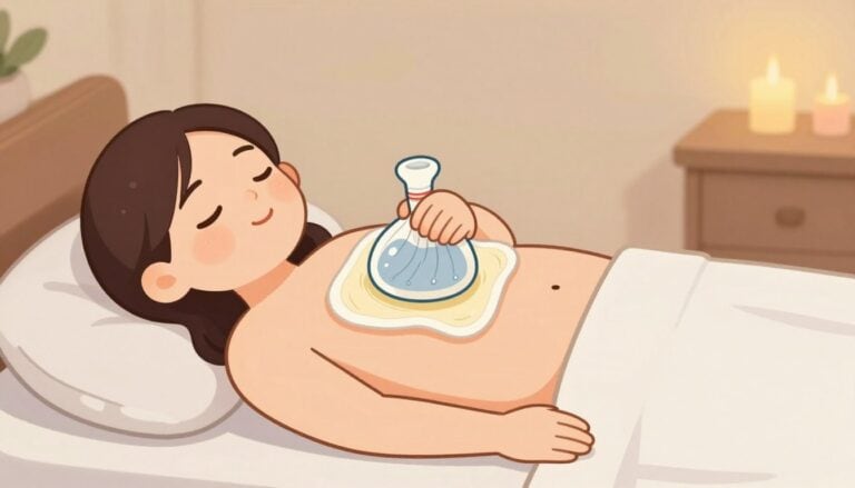 Person relaxing with a castor oil pack on their abdomen, surrounded by calming elements like candles and plants