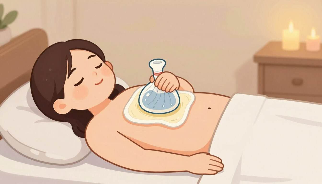 Person relaxing with a castor oil pack on their abdomen, surrounded by calming elements like candles and plants