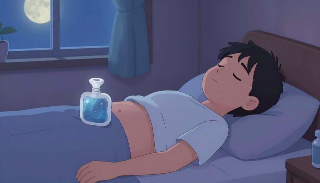 Person relaxing with castor oil pack in evening with peaceful expression