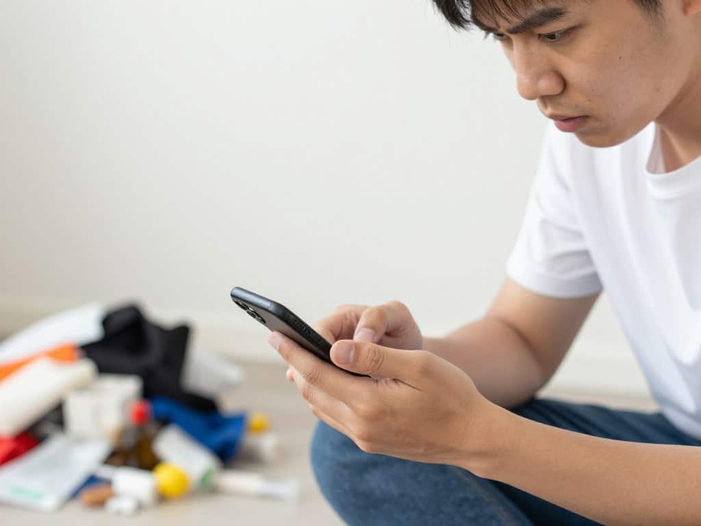 Person setting a timer on phone while beginning to declutter a small area