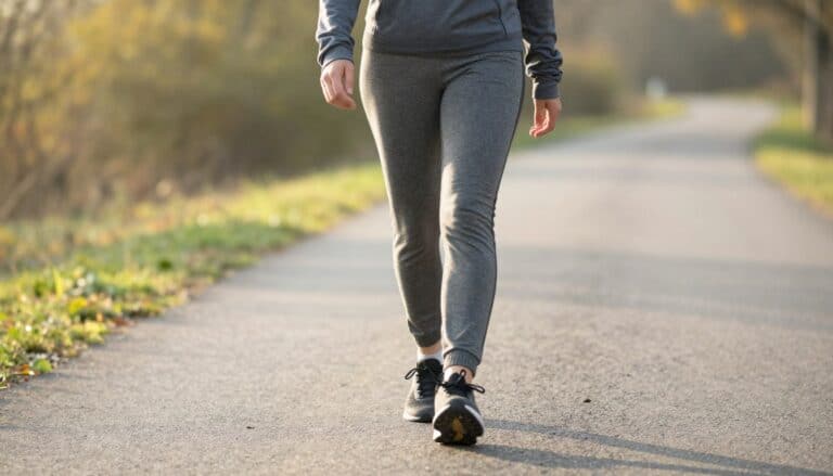 Person starting a walking exercise challenge on a peaceful morning path