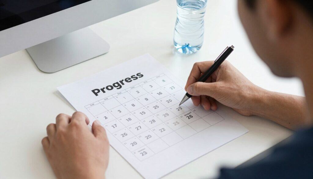 Person tracking progress on a walking challenge calendar