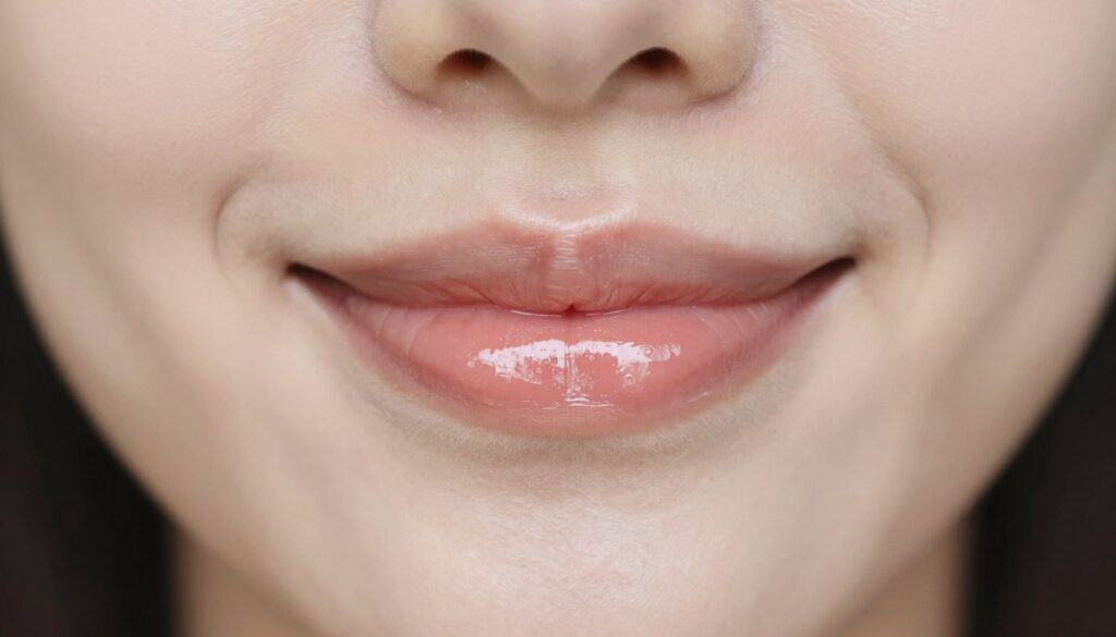Person with healthy, moisturized lips after using castor oil lip balm