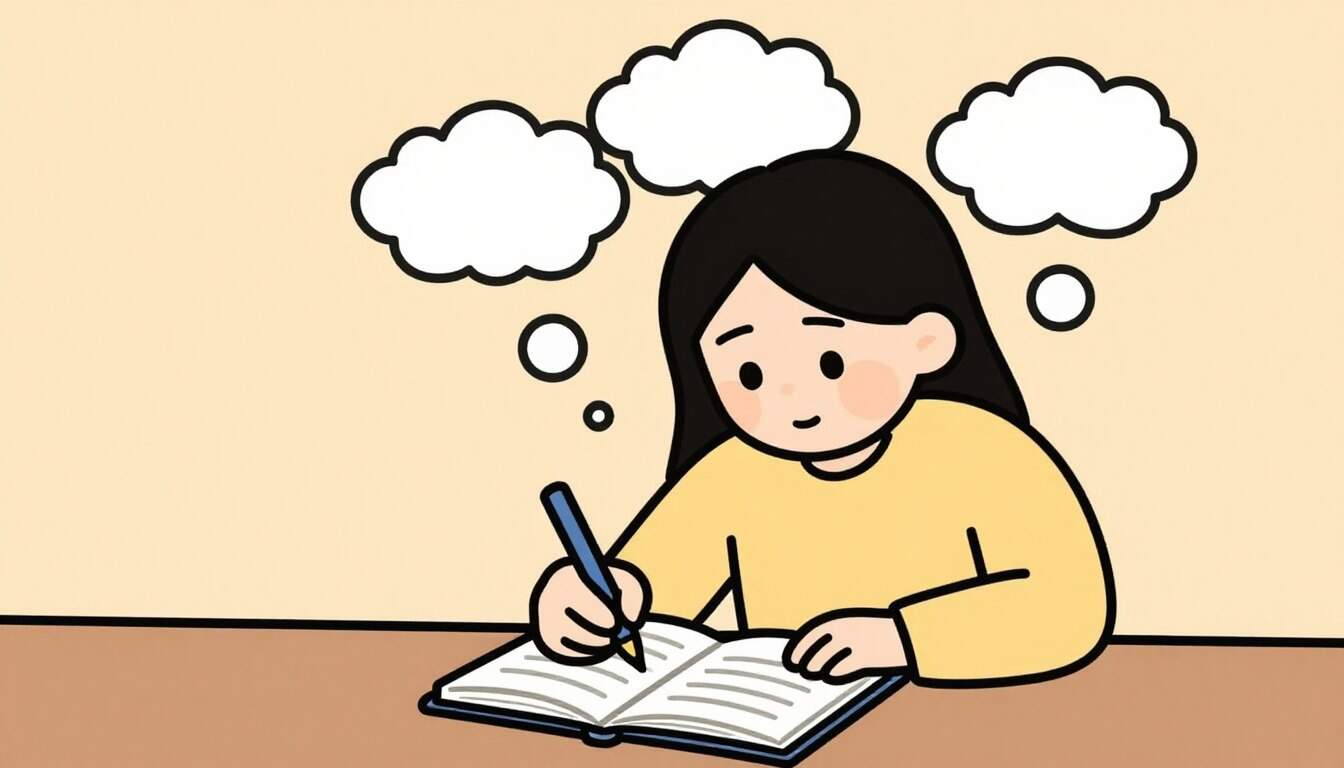 Person writing in journal with a calm expression on their face
