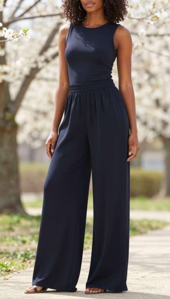 Relaxed Trousers + Fitted Top look on a Black woman Relaxed Trousers + Fitted Top look on a Black woman