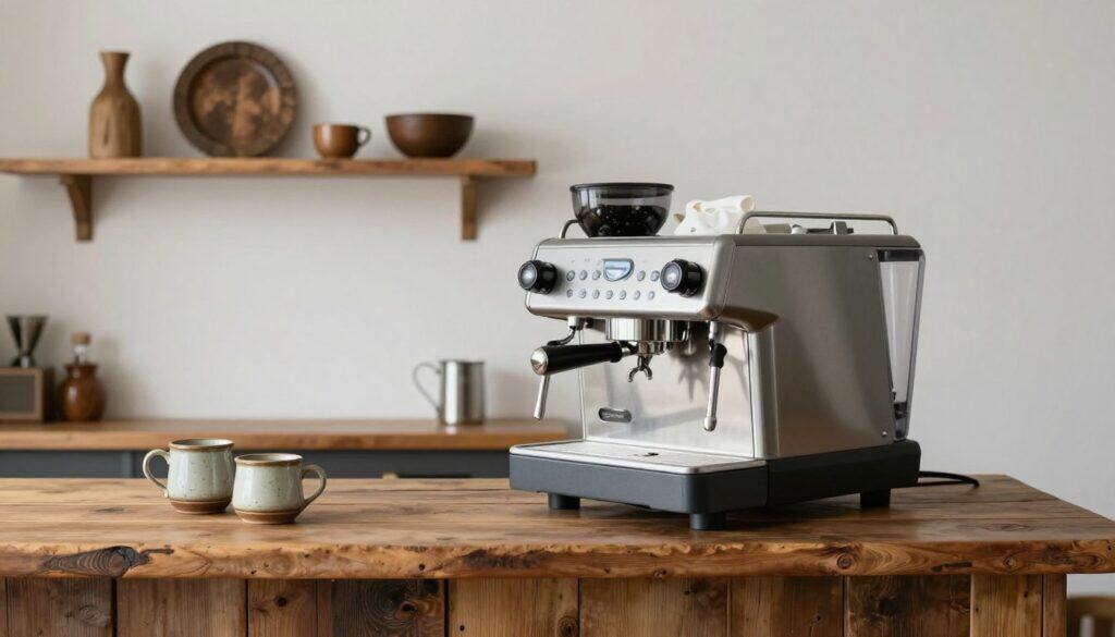 Rustic coffee bar blending modern coffee machine with vintage mugs and accessories