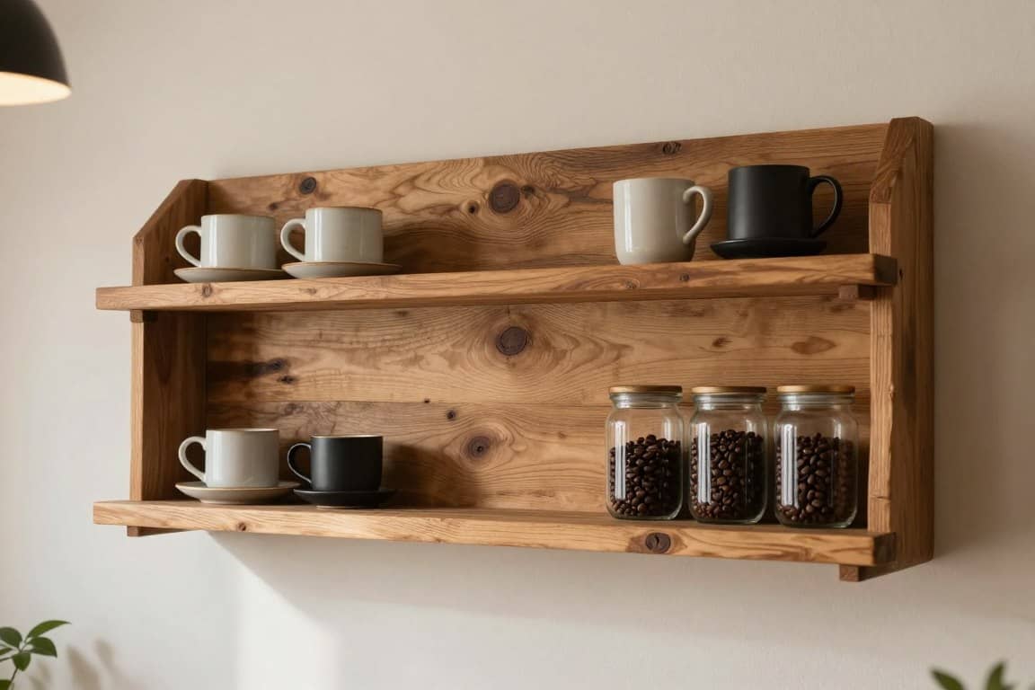 Rustic coffee bar with reclaimed wood shelves displaying mugs and coffee accessories
