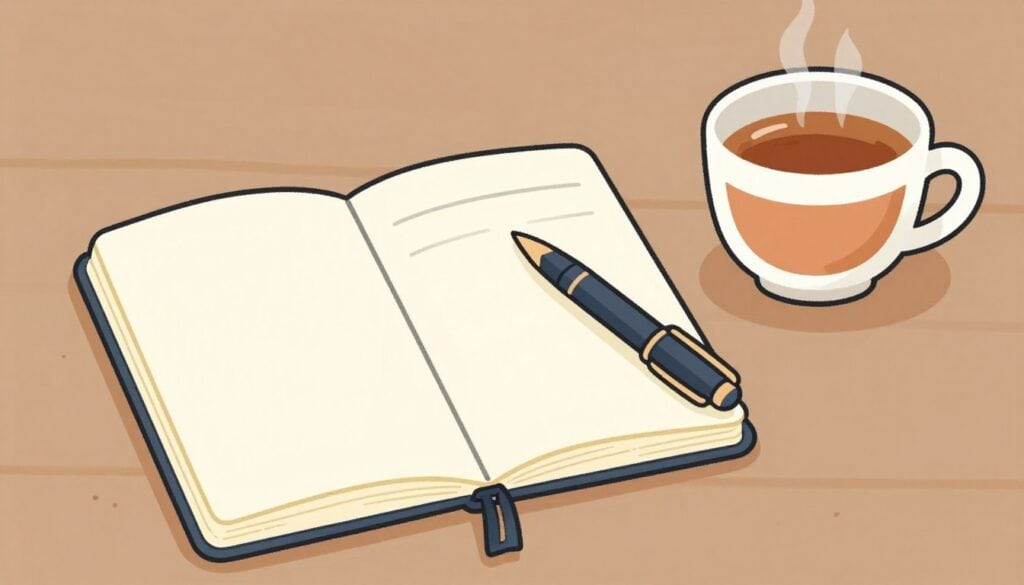 Simple journaling setup with notebook, pen, and cup of tea Simple journaling setup with notebook, pen, and cup of tea