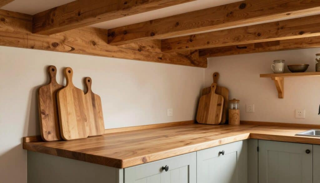 Small cottage kitchen with exposed wooden beams and butcher block countertop