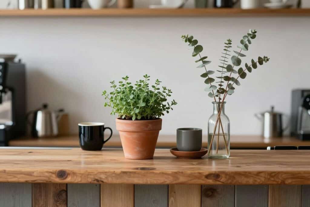 Small potted herbs and dried eucalyptus adding life to a rustic coffee bar