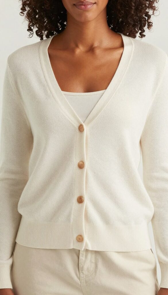 Soft Cardigan + Fitted Base look on a Black woman Soft Cardigan + Fitted Base look on a Black woman