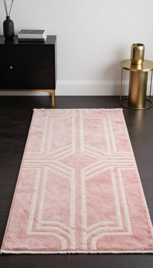 Soft blush pink Modern Art Deco rug with geometric patterns in a stylish bedroom