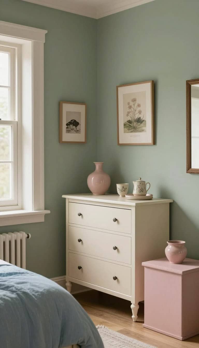 Soft muted cottagecore color palette showing sage green, cream, dusty pink and muted blue paint swatches in a cottagecore home decor setting