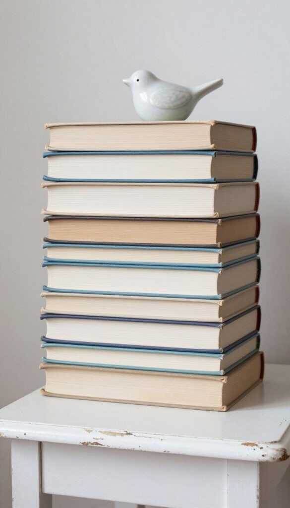Stack of vintage books with faded spines styled on a shabby chic side table