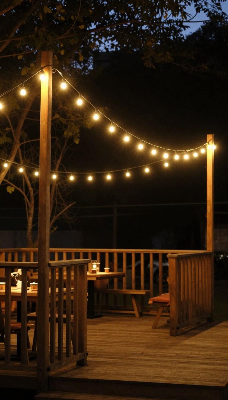 String lights hanging over a cozy backyard deck creating warm ambiance at dusk