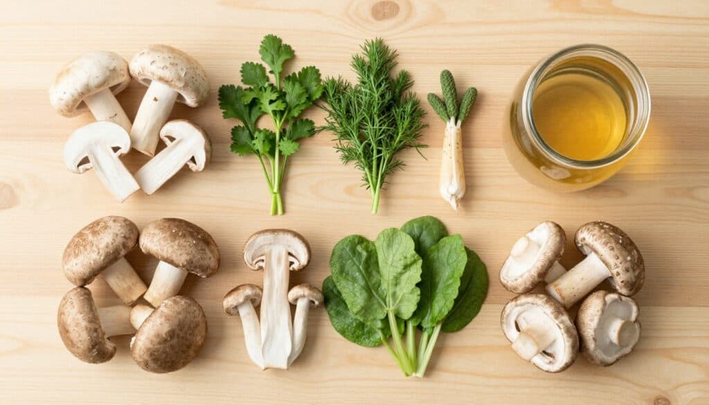 Various clean eating mushroom soup ingredients arranged on a wooden table