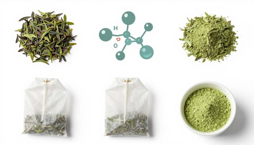 Various types of green tea leaves and powder with scientific illustrations of antioxidants