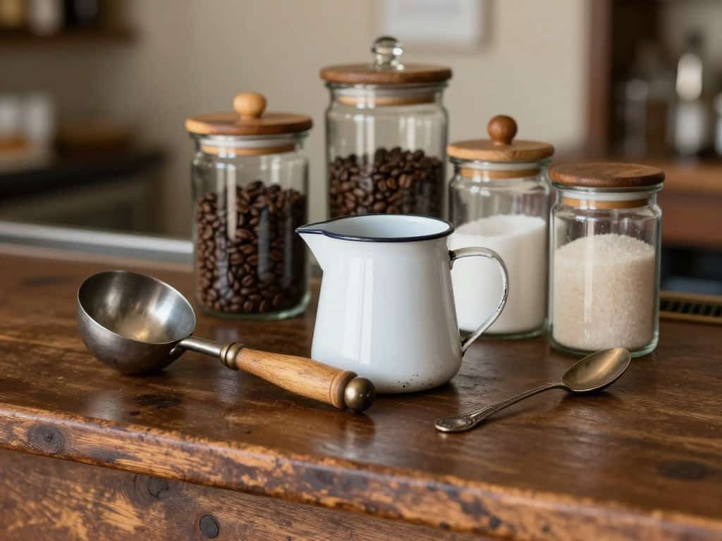 Vintage enamel scoops and glass jars with wooden lids on a rustic coffee bar