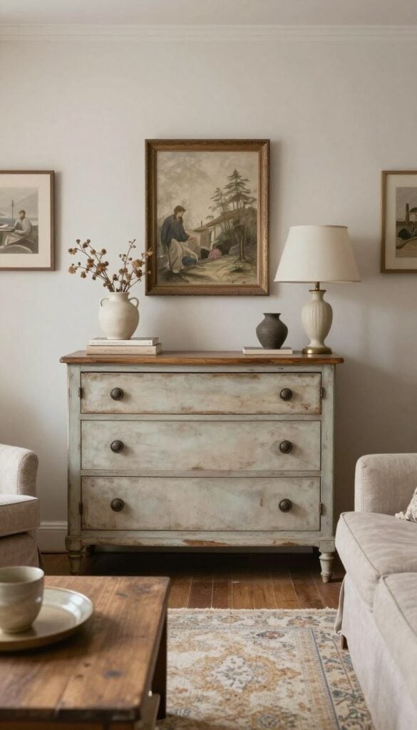 Vintage furniture with rustic weight in a shabby chic living room