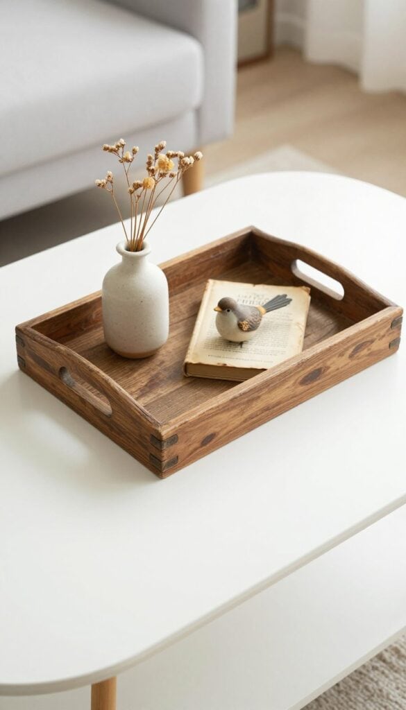 Weathered wooden tray styled on a coffee table with shabby chic decor items