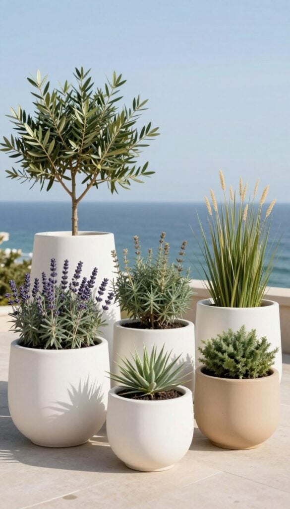 White and sand-colored ceramic planters with coastal plants on a patio