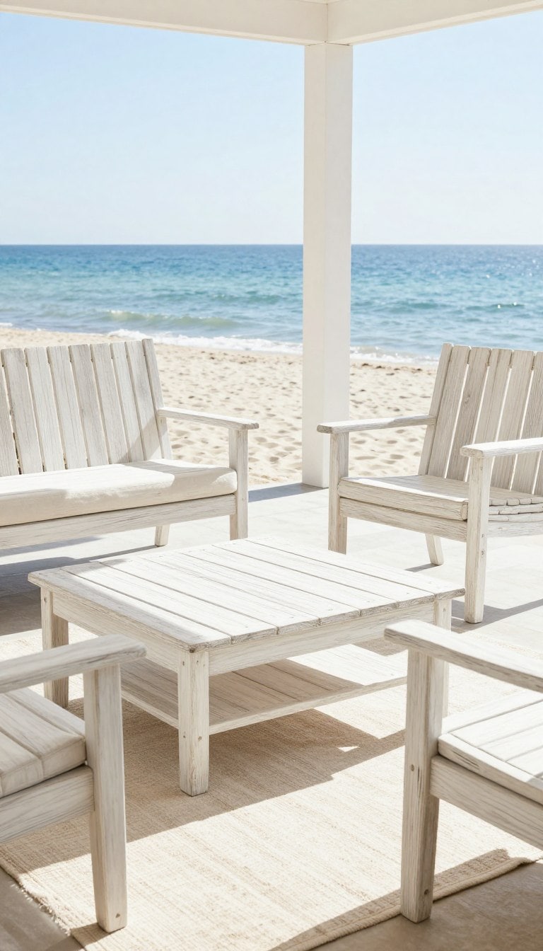 Whitewashed wood patio furniture on a coastal patio
