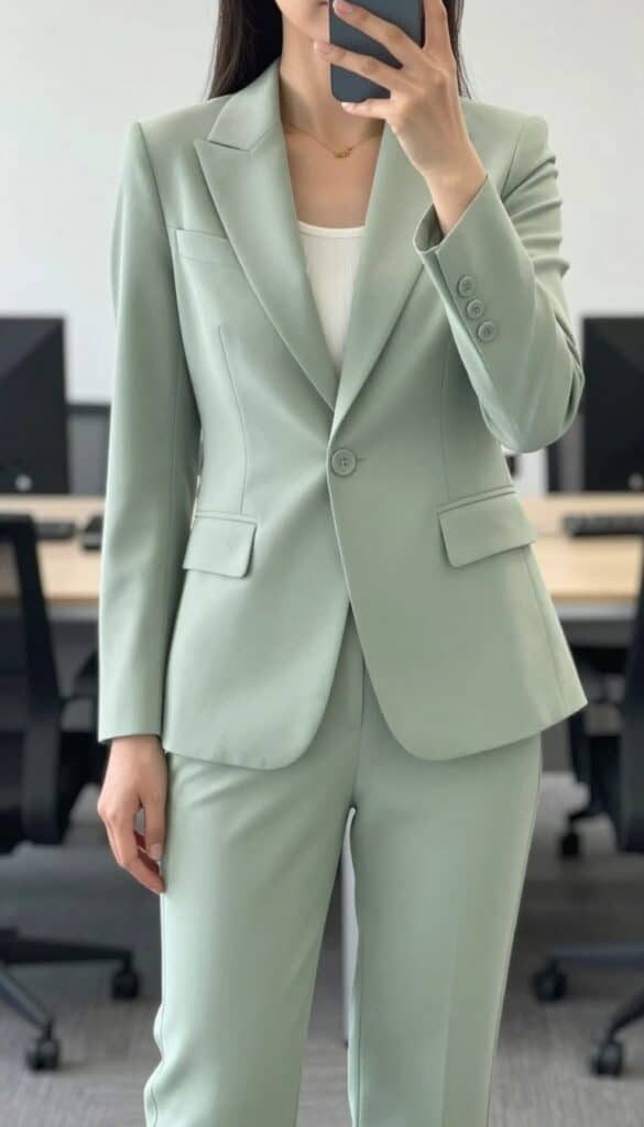 Woman in a matching tailored co-ord set for spring office to dinner transition