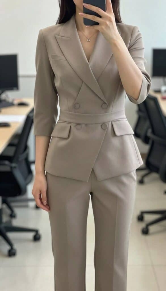 Woman in a tailored neutral jumpsuit for spring office to dinner style