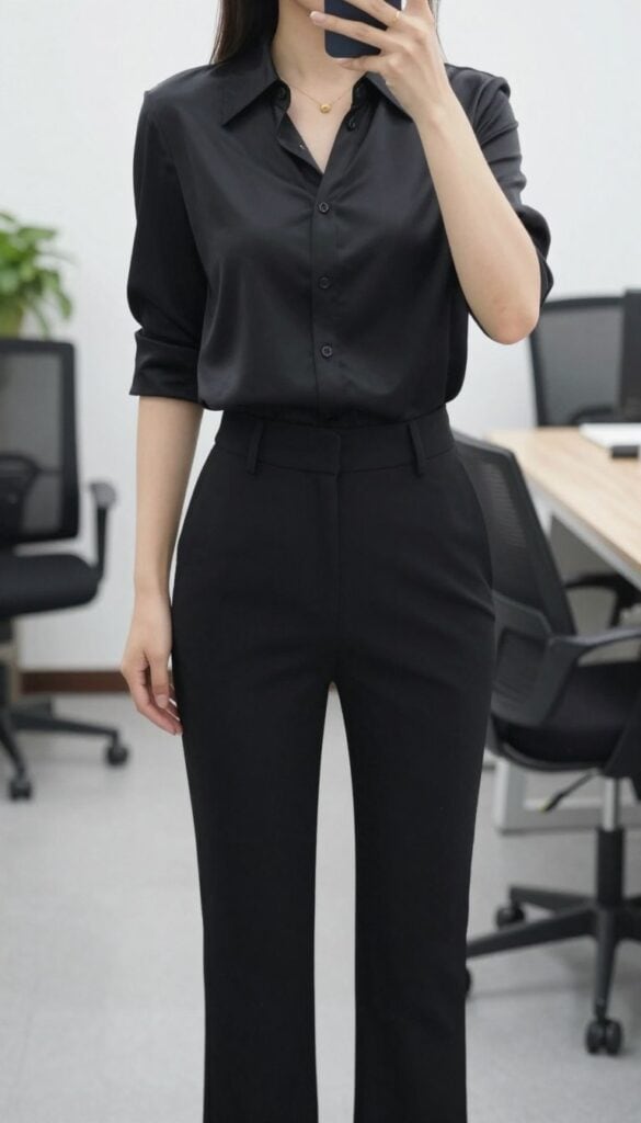 Woman in black spring outfit with lighter fabrics for desk to dinner transition