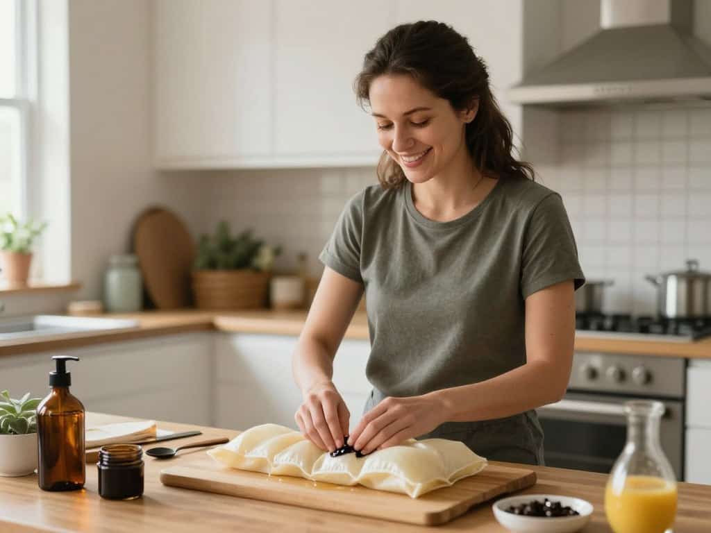 Woman smiling while preparing a castor oil pack at home