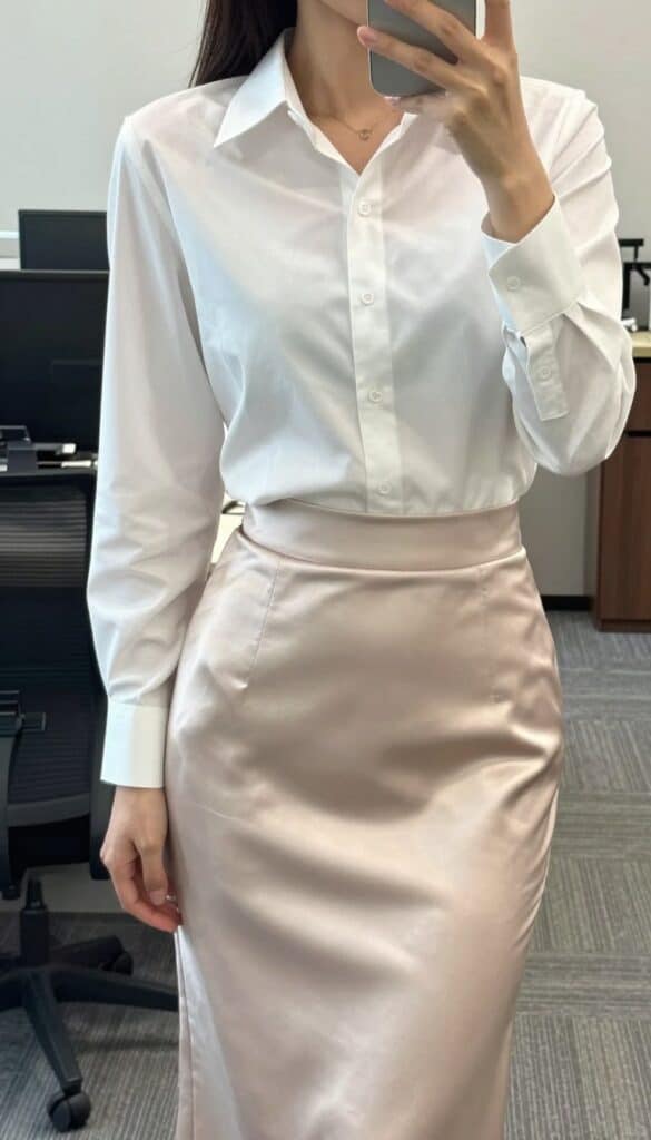 Woman wearing a crisp button-down shirt with satin midi skirt for spring office to dinner transition